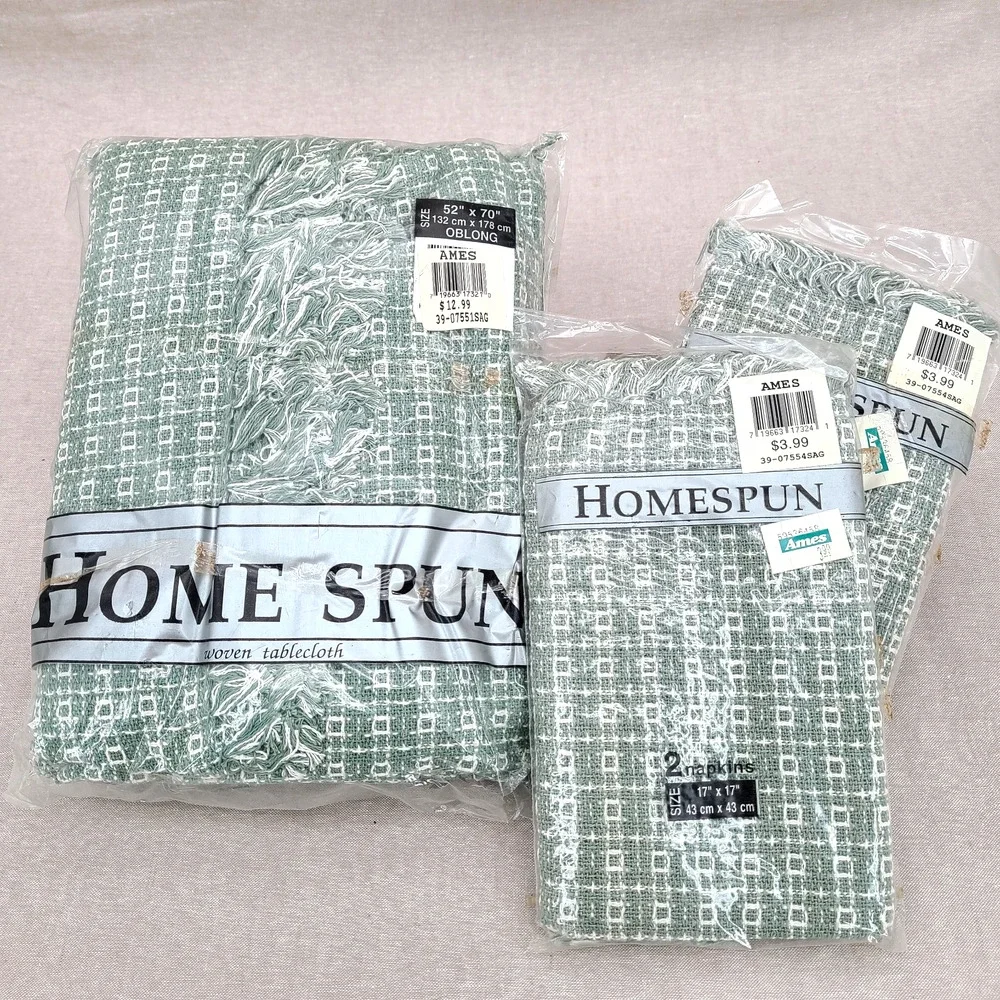 NOS VTG Cotton HOMESPUN Weave Sage Green fringed TABLECLOTH 52x70” + 4 Napkins
